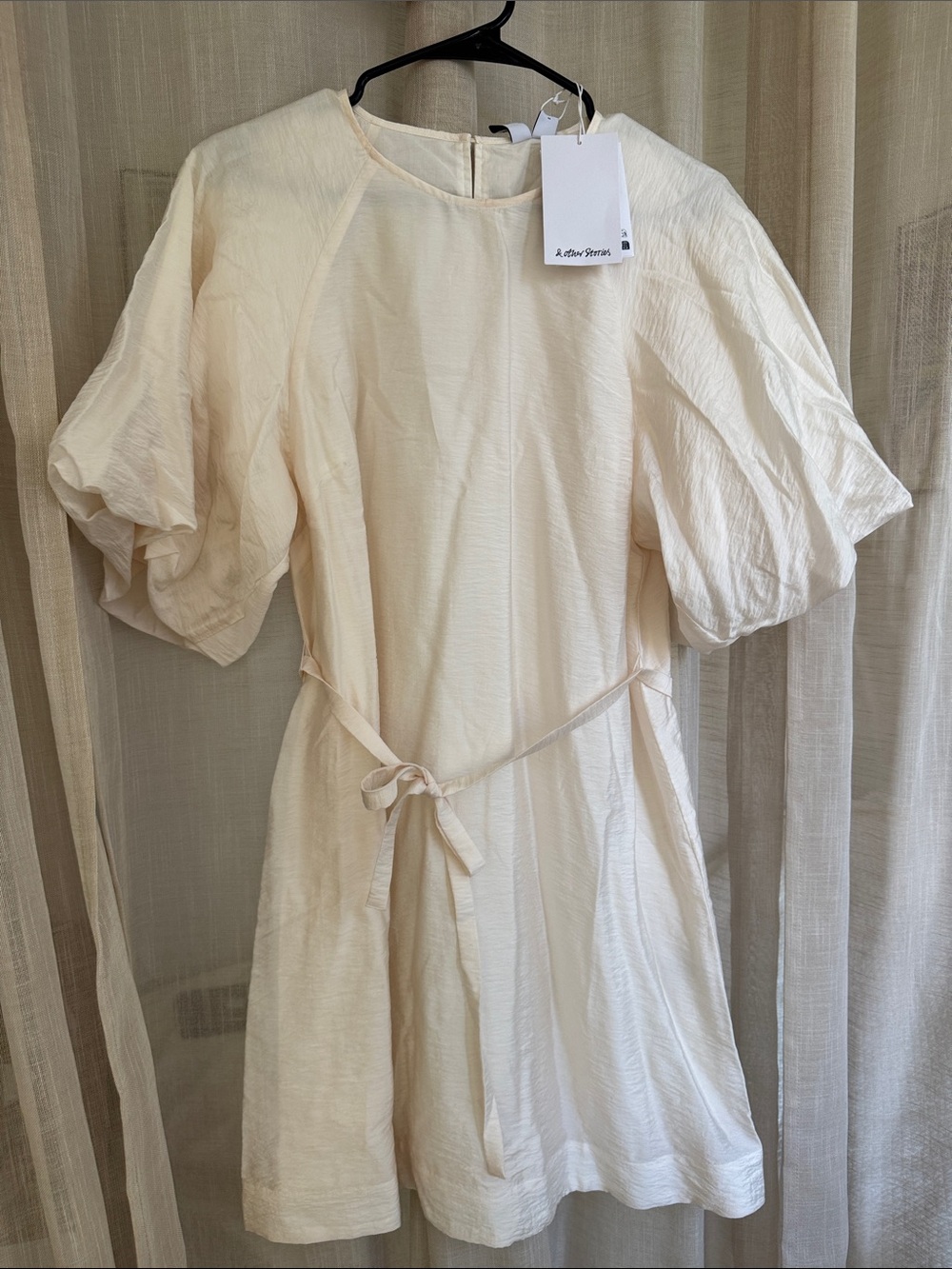 & Other Stories Cream Puff-Sleeve Mini Dress with Waist Tie